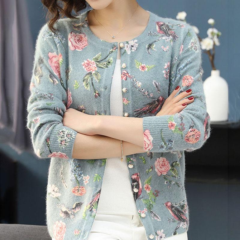 Vintage Print Knitted Cardigan Short Woollen Sweater Women Rhinestone Loose Simple Wool Cardigan Outwear