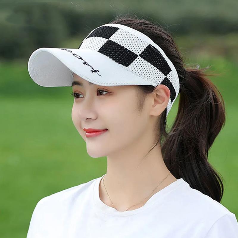 Women's Summer Black White Plaid Checkerboard Hat Anti-UV Hat Breathable Empty Top Outdoor Sports Cycling All-match Face-covering Sun Hat