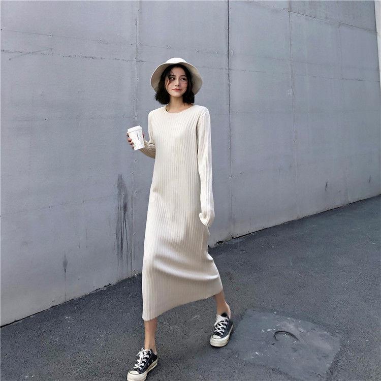 Women's long-sleeved base knitted dress Slim mid-length sweater skirt in autumn and winter