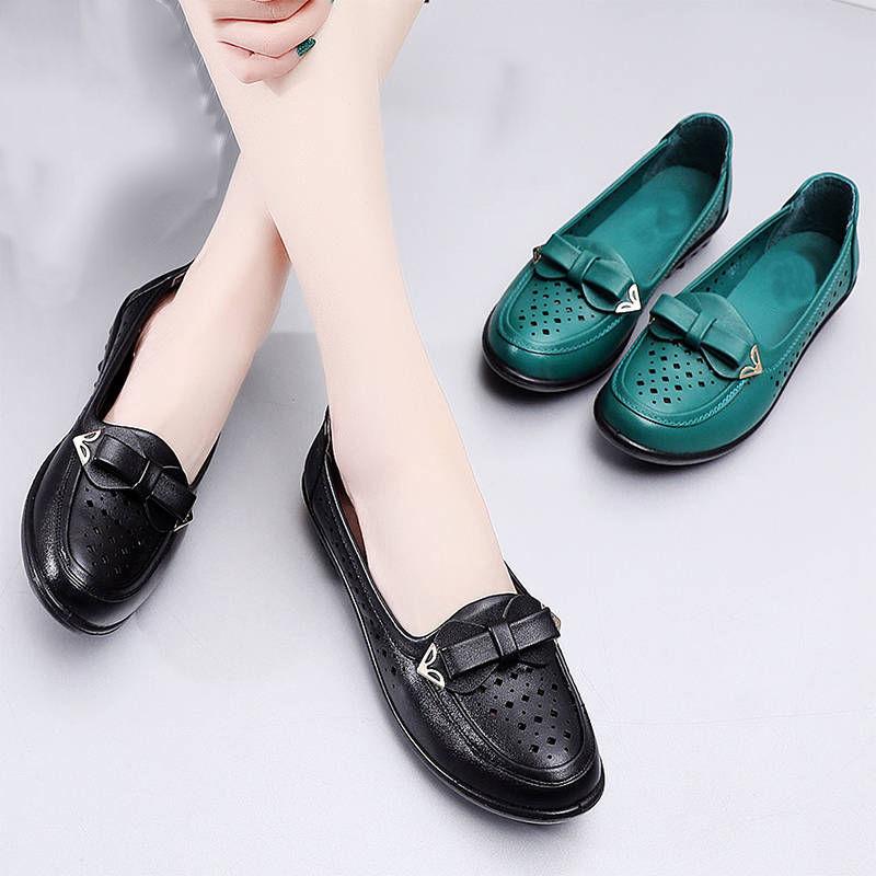 Women's Soft Leather Soft Bottom Mother Shoes Bow Shallow Mouth Ladies Shoes Middle-aged and Elderly Flat Non-slip Single Shoes Leather Shoes