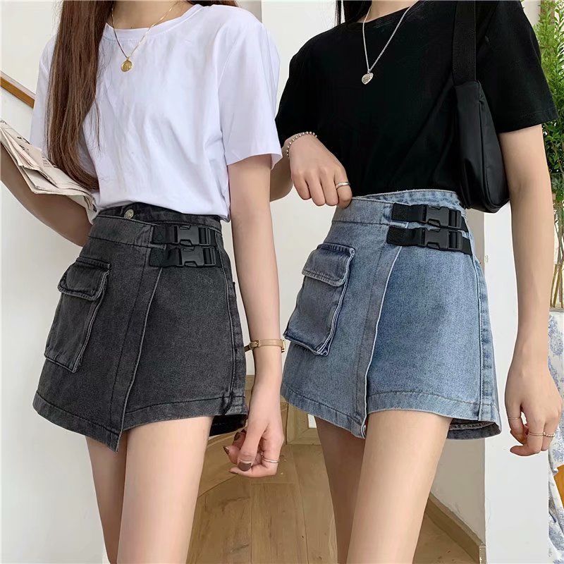 WTEMPO Big Pocket Irregular High Waist Denim Shorts Women Loose Wide Leg A-line Casual Shorts