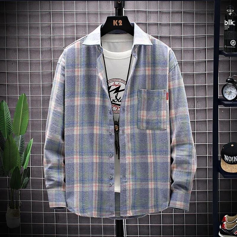 Spring and Autumn New Men's Shirts Loose Large Size Retro Plaid Long-sleeved Shirts Brushed Jackets Hong Kong Style Tops