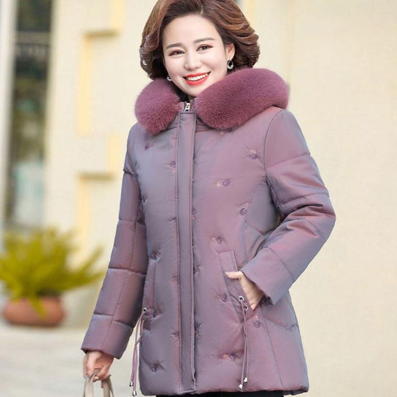 Winter Down Cotton Jacket Fashion Fur Collar Hooded Mid-length Jacket Thick Warm Cotton Jacket Suitable for Middle-aged Women