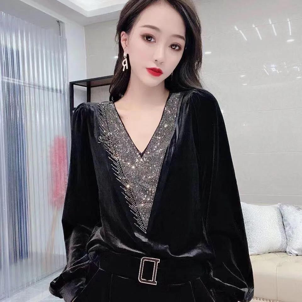 Spring Fall Women Sexy V-neck Gold Velvet top Elegant Blue Long Sleeve Wild Basic Shirts Vintage Casual Ladies Top Pullover