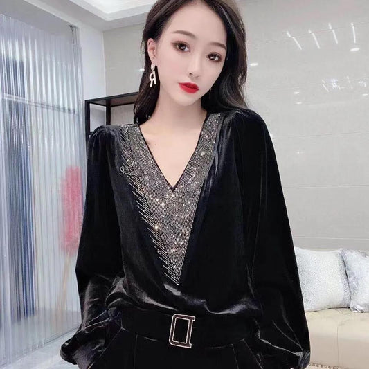 Spring Fall Women Sexy V-neck Gold Velvet top Elegant Blue Long Sleeve Wild Basic Shirts Vintage Casual Ladies Top Pullover