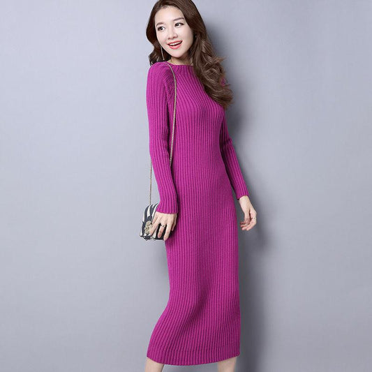 Thick and Warm Long-sleeved Knitted Dress In Autumn and Winter Korean Version of Slim and Thin Base Long Sweater Skirt