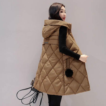 Autumn and Winter Down Cotton Waistcoat Women's Mid-length Coat Vest Slim Hooded Waistcoat Large Size Wool Ball Waistcoat Tide