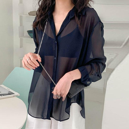 Ice Silk Sunscreen Women's Summer Black Chiffon Shirt Loose Thin Cardigan Coat