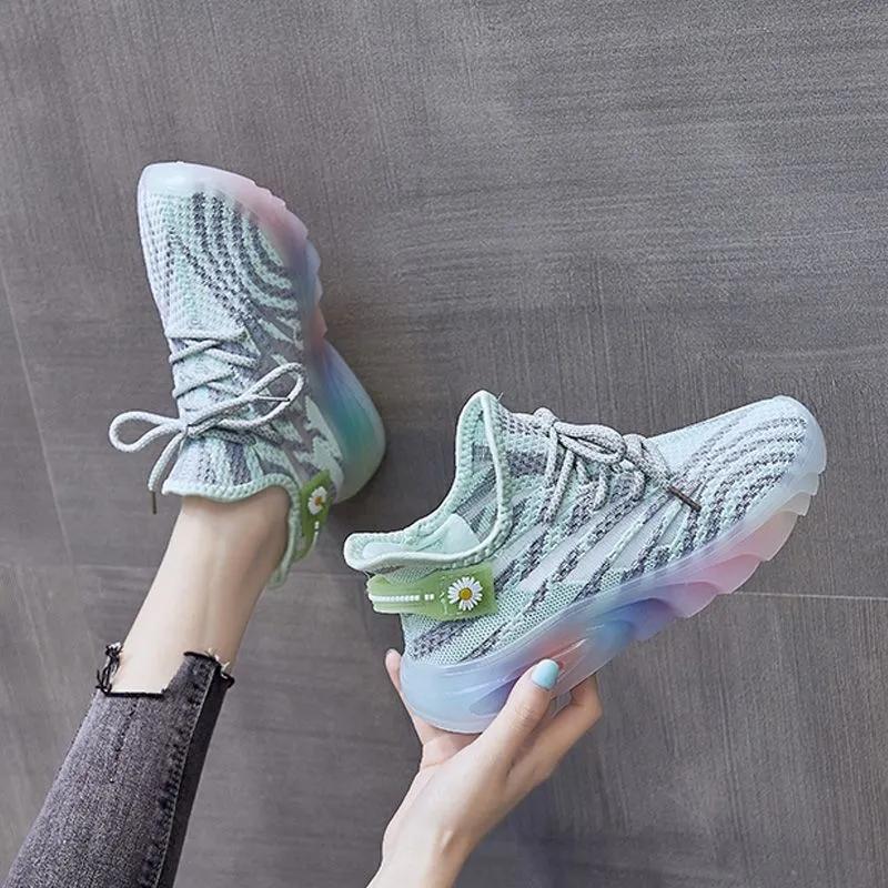 Women's Coconut Shoes Sports Rainbow Jelly Bottom Breathable Spring and Summer Flying Woven Shoes Light Running Student Youth Casual Shoes