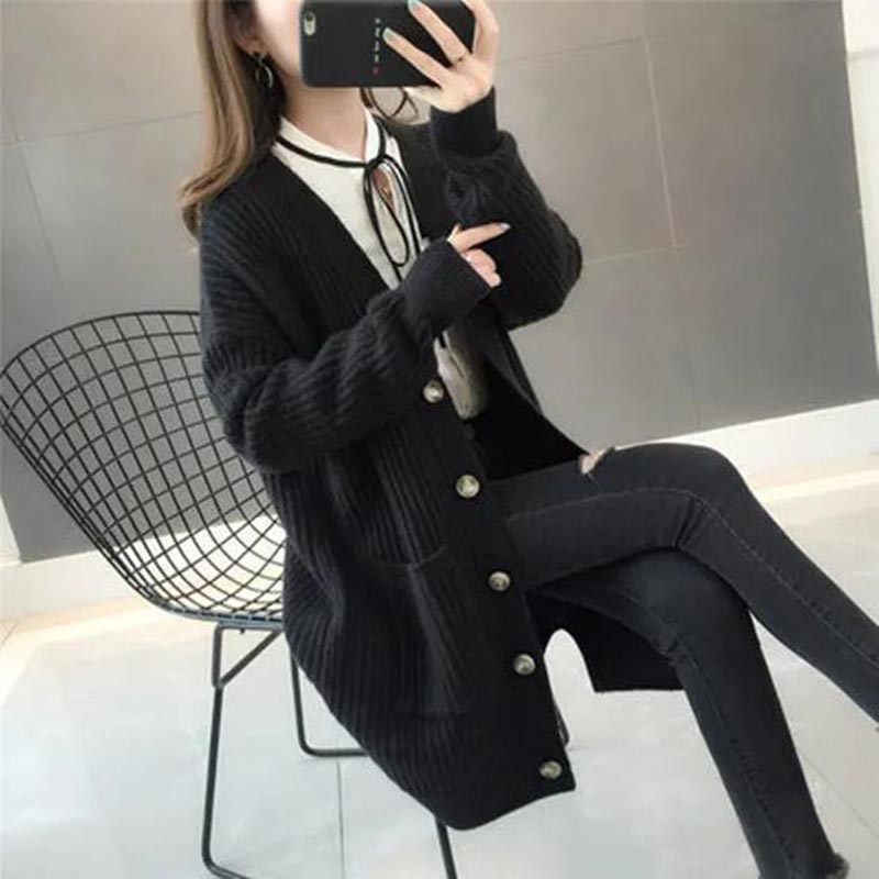 Knitted Cardigan Mid-length Loose Sweater Coat Women's Spring and Autumn Thickened Coat