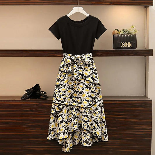 Women Summer Elegant Casual Skirt Suit Round Neck Short Sleeve Balck T-shirt High Waist Irregular Floral Print Skirt Vintage Two Pieces Set