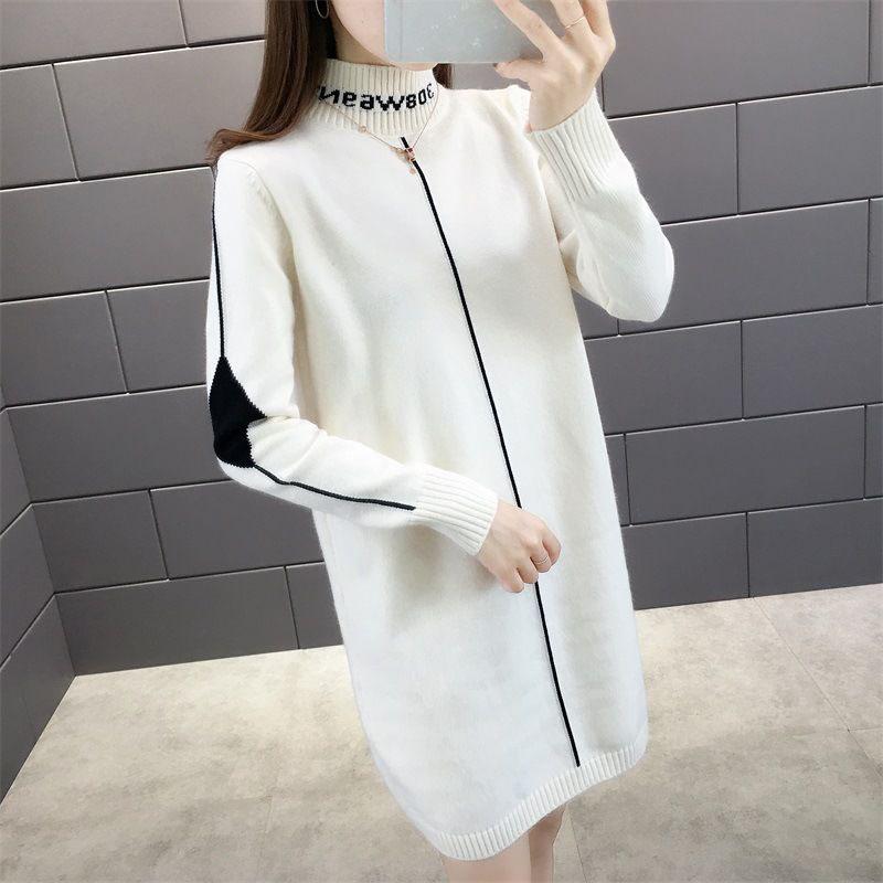 Autumn and Winter Half-high Neck Mid-length Sweater Dress Loose Casual Dress Fashion Knitted Women's Base Dress