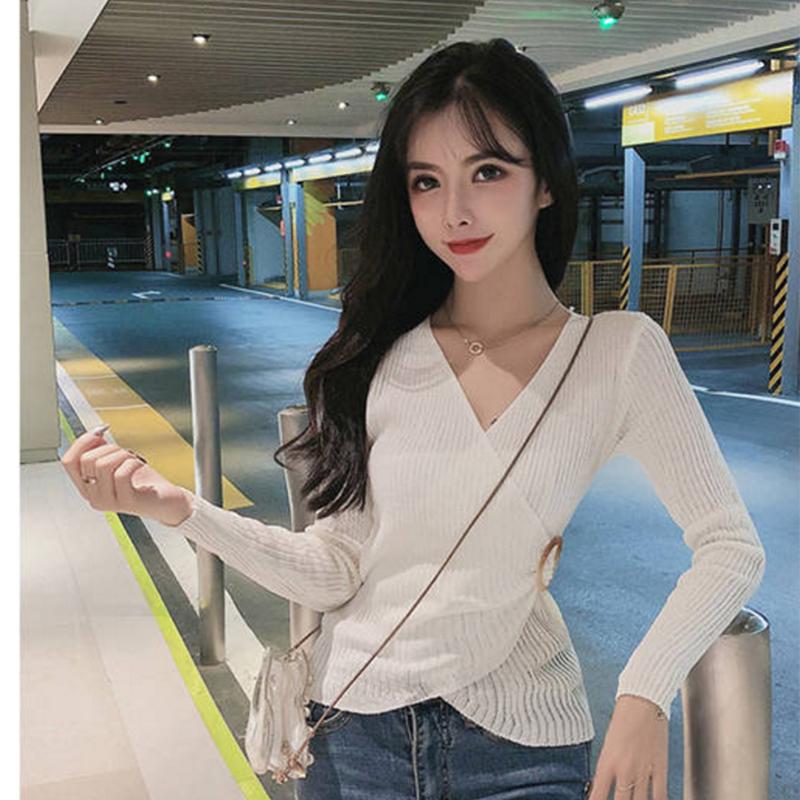 Pofulove Solid Color Long-sleeved Knitted Bottoming Shirt with A V-neck Tight-fitting Sweater