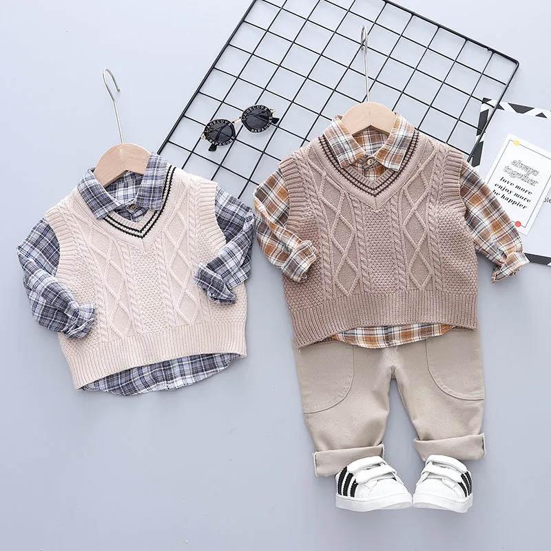 Boys Khaki Vest Spring and Autumn Suit Baby Fashion Sweater Vest Children's Korean Casual Long Sleeve Three-piece Set