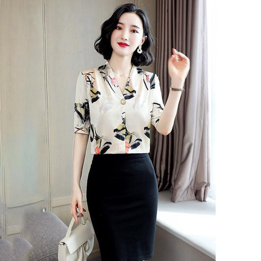 V-neck Shirt Women's Short-sleeved Summer Print Slim Shirt Loose Satin Shirt Temperament Elegant Suit with Shirt Inside