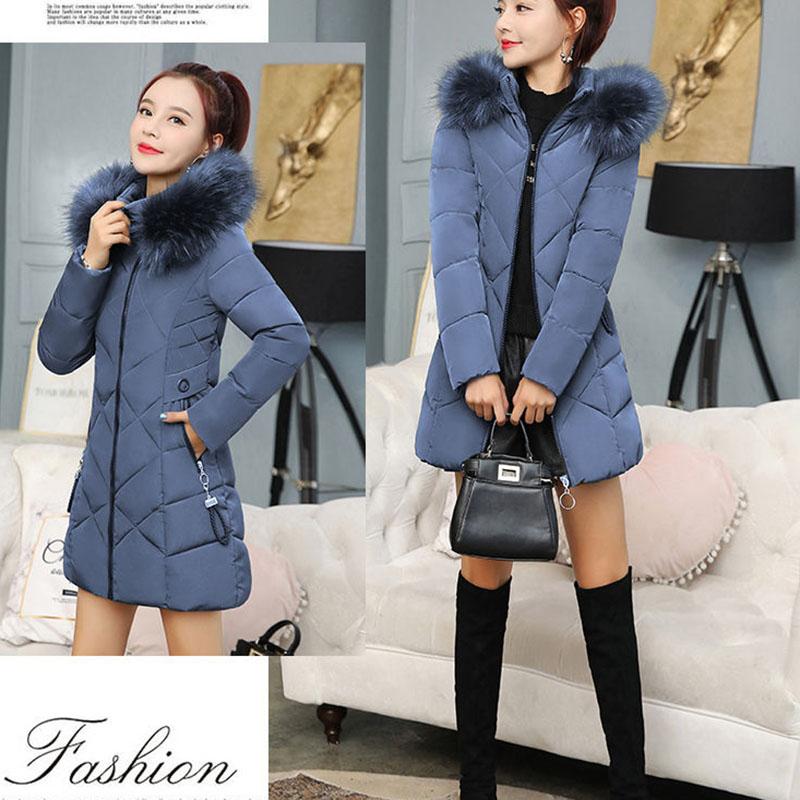 Women's Cotton-padded Jacket Mid-length Wrinkled Fabric Korean Version of The Slim-fit Large Fur Collar Cotton-padded Jacket with Detachable Hood