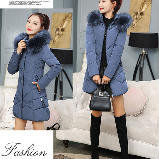 Women's Cotton-padded Jacket Mid-length Wrinkled Fabric Korean Version of The Slim-fit Large Fur Collar Cotton-padded Jacket with Detachable Hood