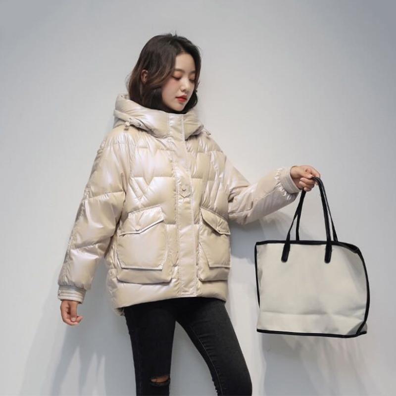 Women's Shiny Short Down Jacket Winter Korean Style Loose Quilted Jacket Casual Hooded Padded Jacket