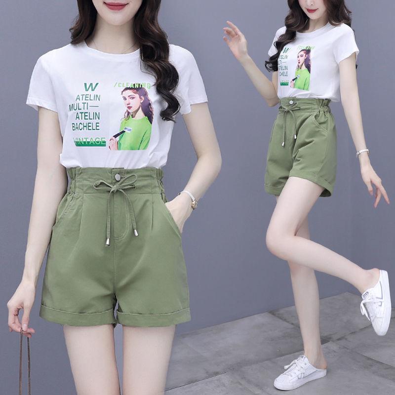 Casual Suit Women's Summer Cotton Printed Short-sleeved Cute Two-piece Round Neck Short-sleeved T-shirt Shorts Casual Suit