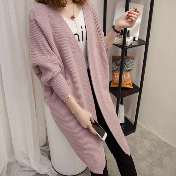 Women's Mid-length Knitted Cardigan Coats Spring and Autumn Large Size Solid Color Loose V-neck Knitted Tops