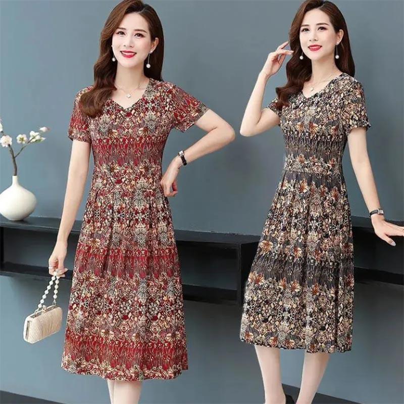 Short-sleeved Dress Retro Floral Women's Mid-length Cover The Belly To Show Thin Temperament Lady's Skirt