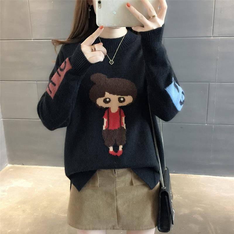 Autumn and Winter Cartoon Sweater Jacket Womens Long Sleeve All-match Knitted Sweater Woman