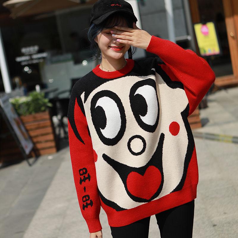 Pofulove Christmas Sweater Women's Mid-length Thick Loose Pullover Autumn Winter Snowman Sweater