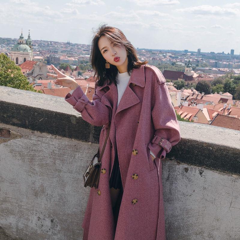 2019 Autumn Winter Wool Women Office Work Long Coats Fashion Lady Slim Lapel Long Sleeve Belt Jacket