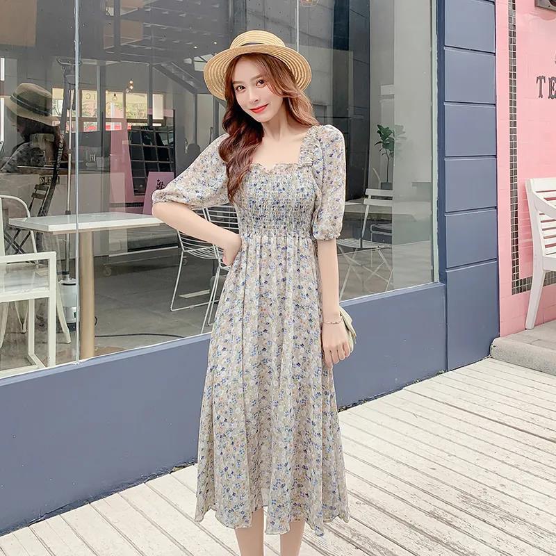 Female Vintage High Waist Super Fairy Holiday Dress Elegant Slim Little Fresh Chiffon Floral Print Dress