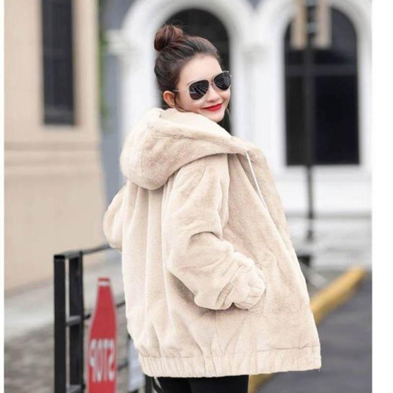 Plus Velvet Padded Faux Rabbit Fur Hooded Mid-length Loose Long-sleeved Jacket Women