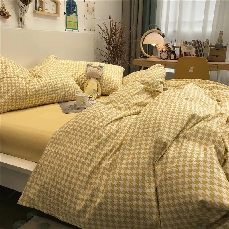 Houndstooth Nordic Simple Ins Bed Four-piece Set of Sanding Quilt Cover Sheet Washed Cotton Student Dormitory Three-piece Set