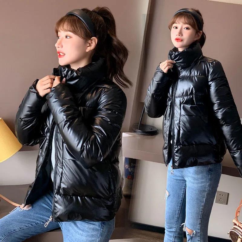 Women's Shiny Short Down Jacket Winter Korean Style Loose Quilted Jacket Casual Stand-collar Padded Jacket