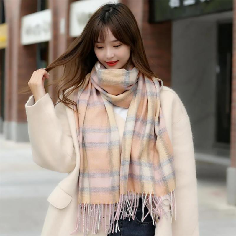 Korean Version of The Cute Japanese Scarf Winter Warm Scarf Check Temperament Cashmere-proof Length Scarfs