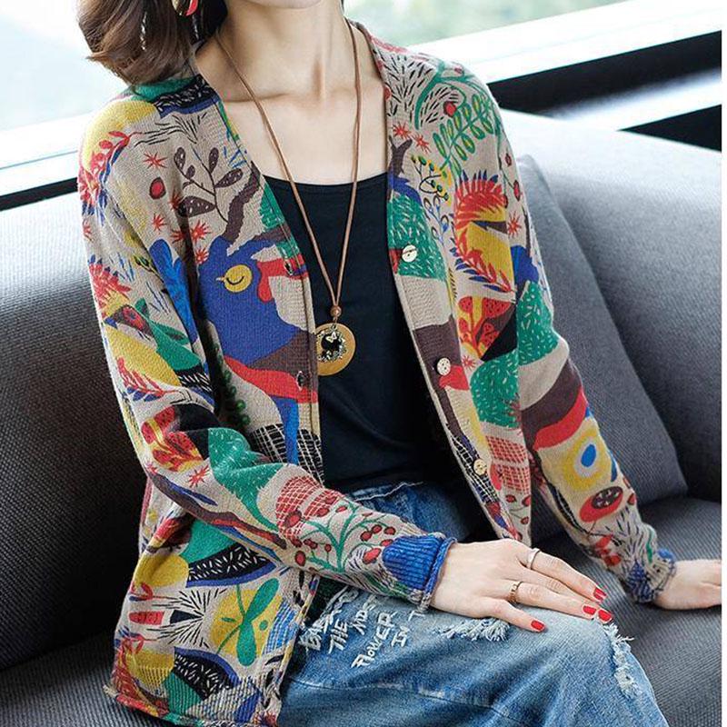 Bohemian Printed Cardigan Sweater Women Loose Large Size Ethnic Style Knitted Jacket Outer Wear