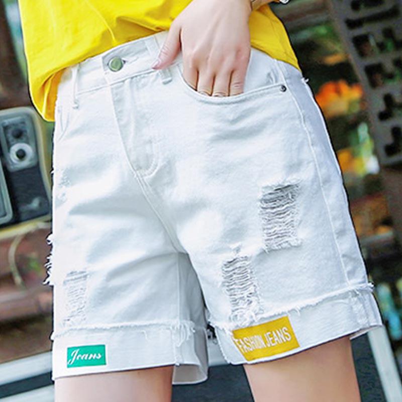 WTEMPO White Denim Shorts Women's Five-point Pants High Waist Straight Summer Loose Loose Hole Pants