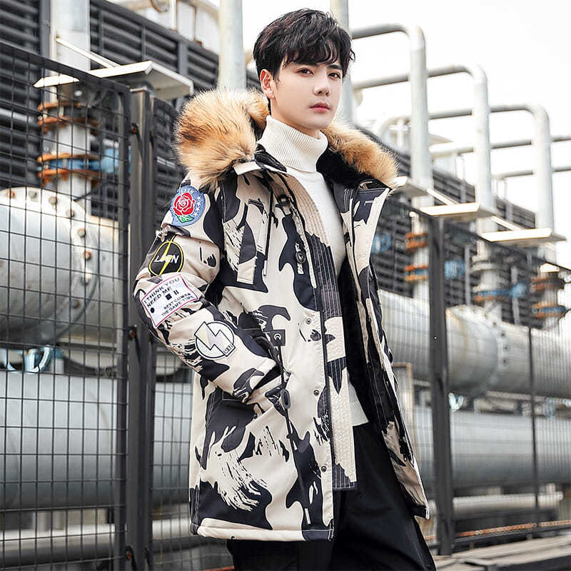 Men's Cotton-padded Jacket Mid-length Hooded Thick Coat Winter Korean Version of The Trend of Casual Large Fur Collar Camouflage Embroidered Coat