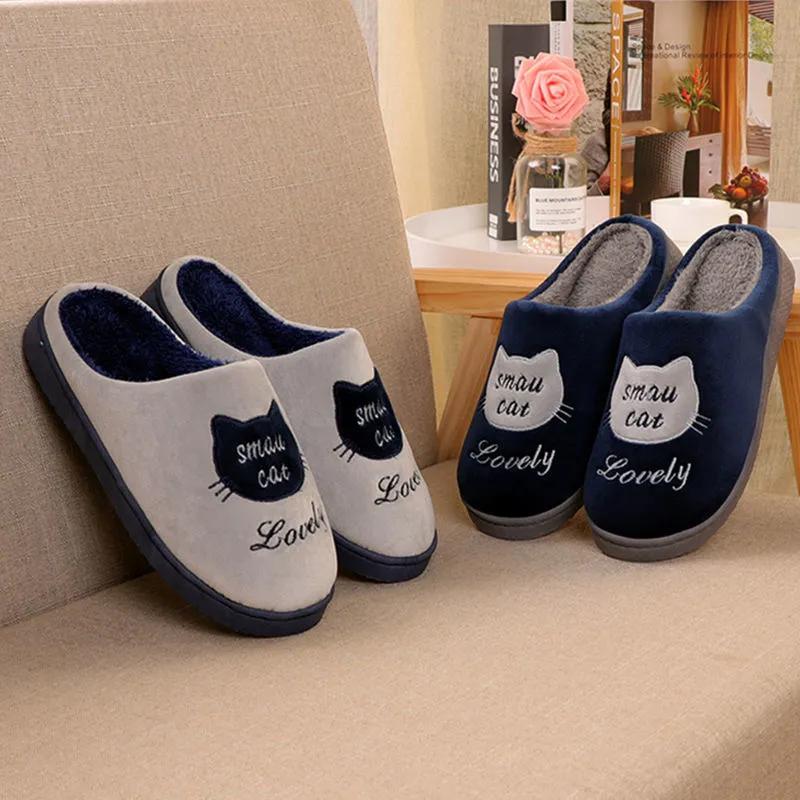 Women Slippers Pink Cute Cat Thick Fleece Warm Home Indoor Couples Plus Size Cotton Shoes Men Blue Slippers Non Slip