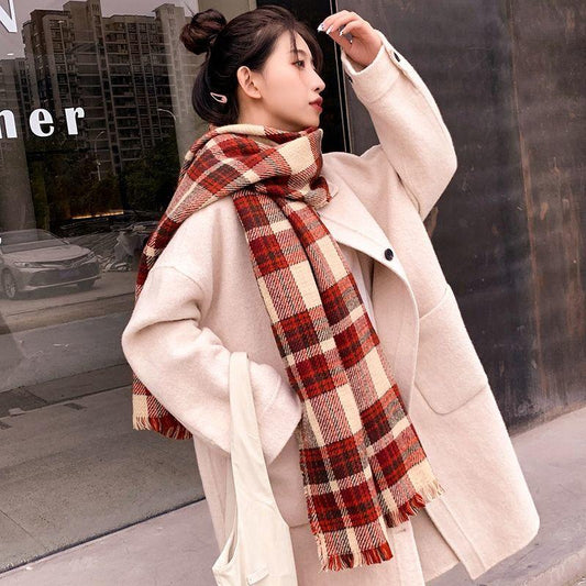 Autumn and Winter Ladies Scarf Retro Red Plaid Scarf Thick Korean Version of Tassel Scarf Shawl