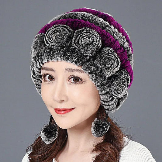 Rex Rabbit Fur Hat Female Korean Version Middle-aged and Elderly Mother Fur Hat Thickened Warm Color Plush Hat