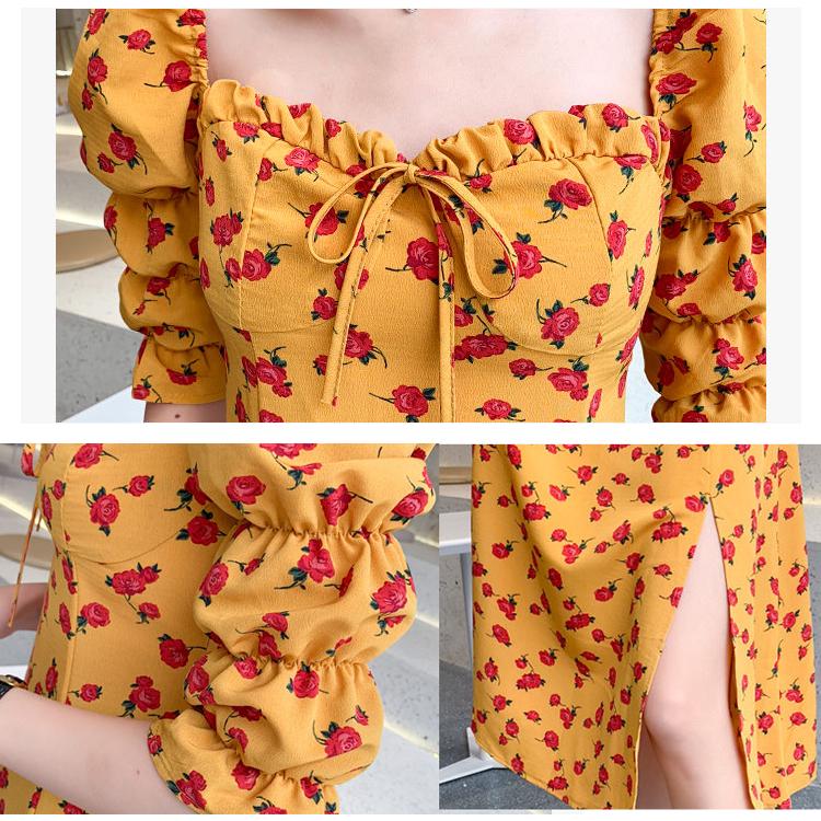 2020 Strawberry Print Cute Long Dress Spring Summer Women Streetwear Slim Split Dress Chiffon Dress