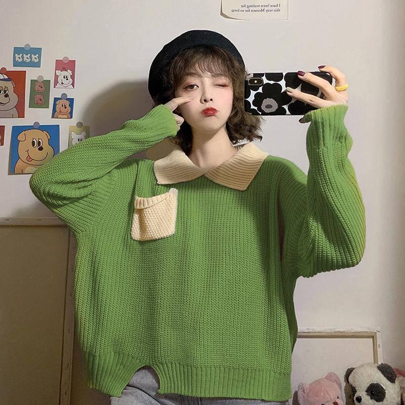 Autumn Winter Students Hit Color POLO Collar Loose Ins Lazy Long-sleeved Sweater Korean Version Trendy Tops