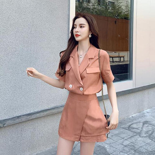 Two-piece All-match Retro Suit Women's Summer Casual Fashion V-neck Short-sleeved Shirt Culottes Suit