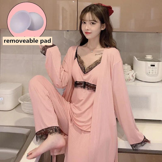 3 Pieces Women's Spring Autumn Pajamas Set Thin Sexy Lace Strap Chest Pads Suspenders Trousers Robes Homewear Solid Color V-neck Removable Chest Pad