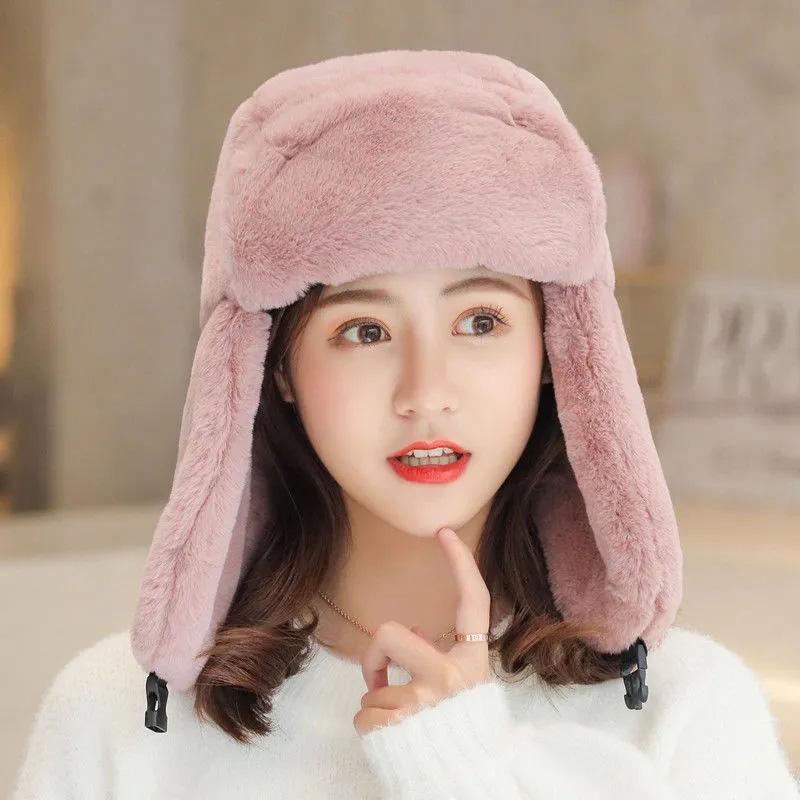 Women's Hat Winter Korean Version Plus Velvet Cold Proof Hat Winter Cycling Ear Protection Thick Windproof Warm Cute Hat Solid Long Ear Cap Fedoras