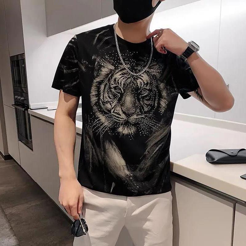 3D Tiger Print T-shirts High Street Diamond Glitter Trendy Personality Tees Summer O-neck Short Sleeve Casual Shirt Soft Tops