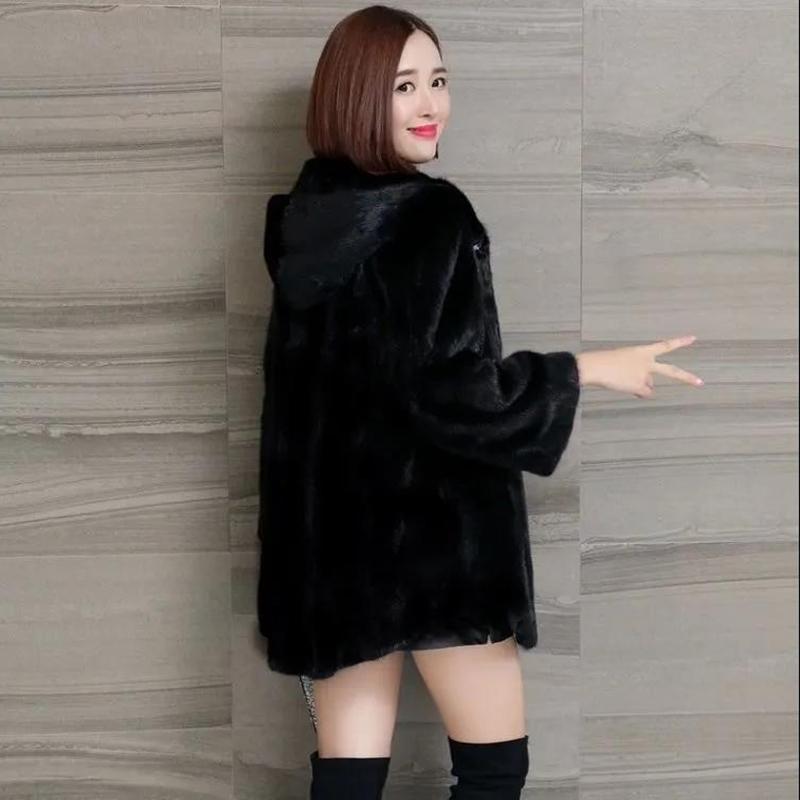 Faux Mink Coat Women's Mid-length Autumn and Winter Thickening Large Size Imitation Mink Fleece Hooded Fur Coat Women Are Thin