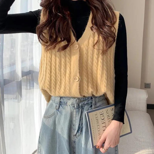 Candy Color Japanese Twist Knit Vest Women's Cardigan Jacket Short Loose Loose Wild Sweater Vest Sleeveless Waistcoat Waistcoat Sweet Style