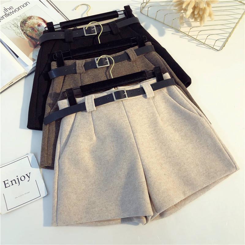 Woolen Shorts Ladies Autumn Winter Short Pants Korean Wide Leg Loose Retro Pants with Circle