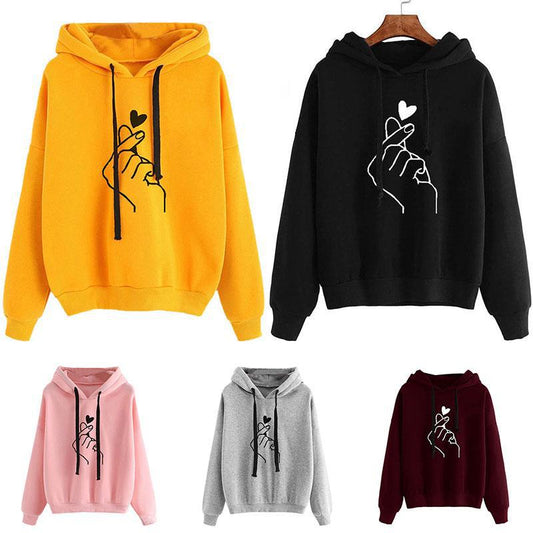 Fashionable Kpop Casual Finger Heart Love Pattern Hooded Women Hoodies Sweatshirts Drawstring Long Sleeve Female Pullovers Hoodie Women Coat