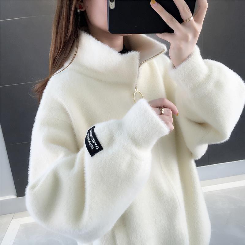 Autumn and Winter Mohair Loose Coat Short Knit Cardigan Tops Solid Color High Neck Women's Coat